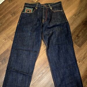 Refuse Mens Y2k Brand Jeans With Multicolor Embroidered Contrast Stitching